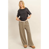 Taupe and Black Striped Knit Drawstring Lounge Pants