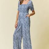WIDE LEG SMOCKED PUFF SLEEVE JUMPSUIT