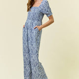 WIDE LEG SMOCKED PUFF SLEEVE JUMPSUIT