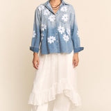 Flower Embroidered Button Front Wash Denim Shirt