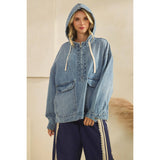 Med Wash Hooded Quarterzip Denim Jacket