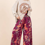 FLOWER PRINT ELASTIC WAIST MID RISE WIDE LEG PANTS