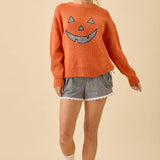 Pumpkin Face Patchwork Sweater Knit Top