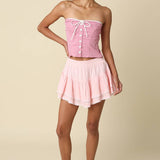 Pink Allyson Tiered Lace Trim Mini Skirt