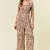 WIDE LEG SMOCKED PUFF SLEEVE JUMPSUIT