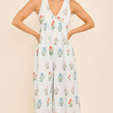 Floral Stripe V-Neck Backless Jumpsuit