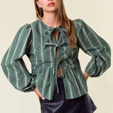Corduroy Long Sleeve Bow Tie Front Peplum Blouse
