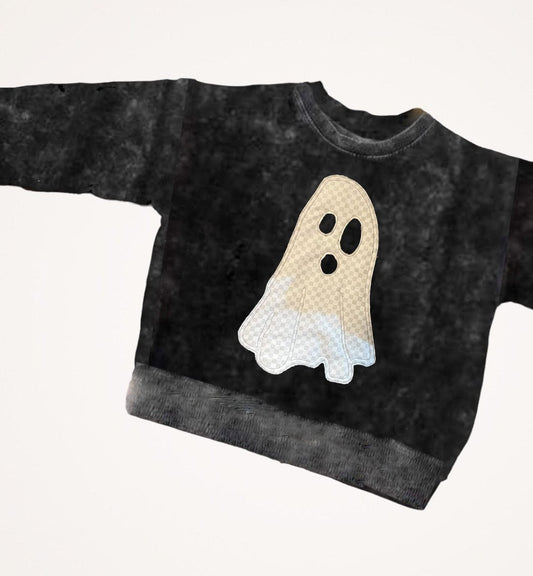 Acid Wash Ghost Applique Sweatshirt