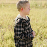 Dark Plaid Hooded Button Up Shirt