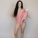 Gingham Long Sleeve Ruffle Zipper One-Piece