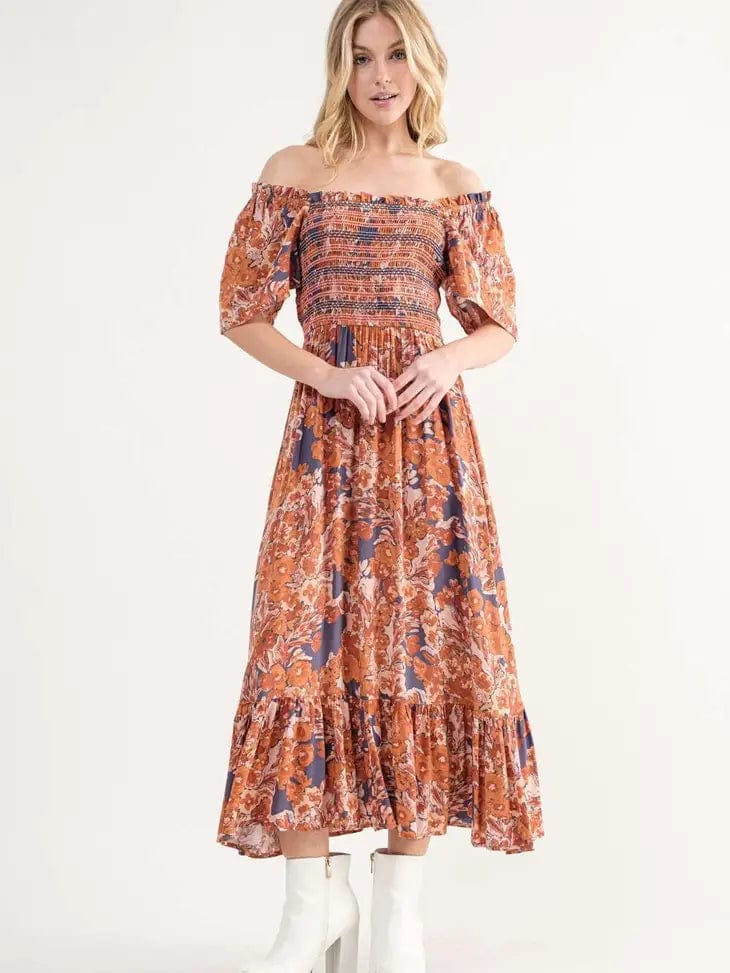 Navy Floral Maxi Dress With Square Neck